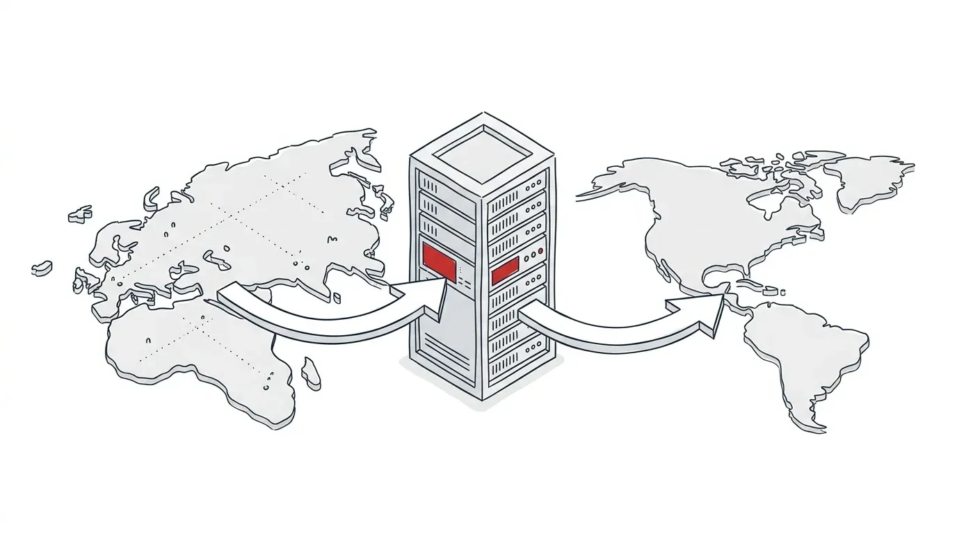Skizze eines Servers und einer Datenbank, die den Datentransfer symbolisieren