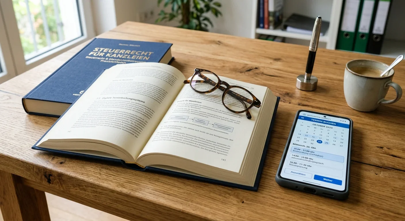 Smartphone mit Terminbuchungssystem neben einem juristischen Fachbuch