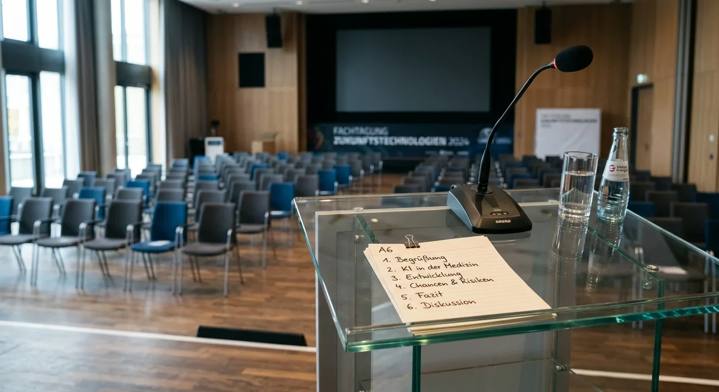 Rednerpult mit Mikrofon und Notizen in einem Konferenzsaal