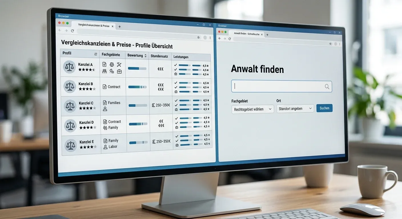 Vergleich von Anwaltsportalen auf einem Monitor