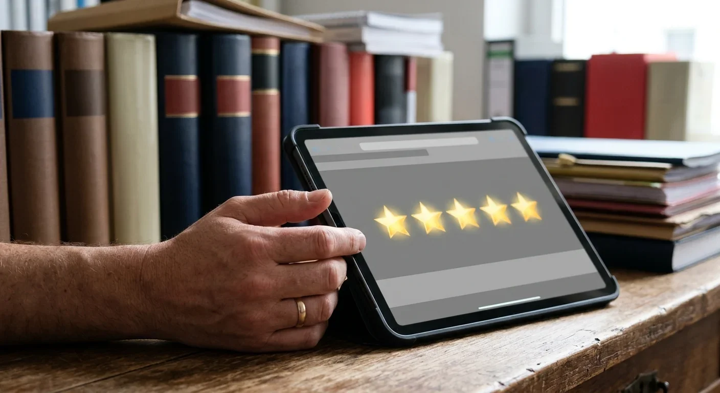 Tablet mit fünf goldenen Sternen als Symbol für Online-Bewertungen
