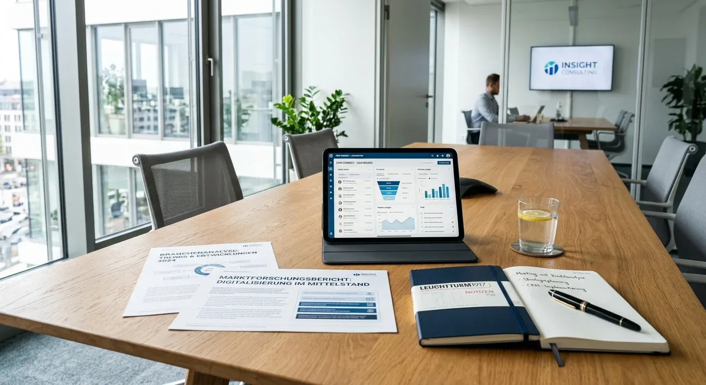 Tablet und Branchenanalysen auf einem Konferenztisch zur strategischen Planung