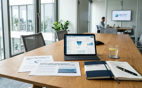 Tablet und Branchenanalysen auf einem Konferenztisch zur strategischen Planung