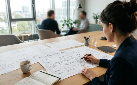 Planung der Unternehmenskommunikation anhand von Konzeptpapieren auf einem Besprechungstisch