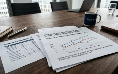 Ausgedruckte Graphen zur Website-Sichtbarkeit auf einem Konferenztisch