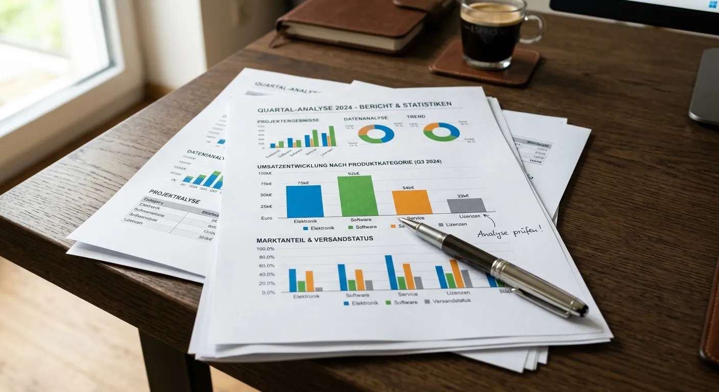Ausgedruckte Analysestatistiken auf einem dunklen Eichenholz-Schreibtisch