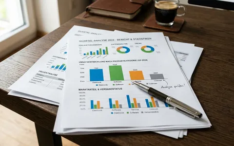 Ausgedruckte Analysestatistiken auf einem dunklen Eichenholz-Schreibtisch