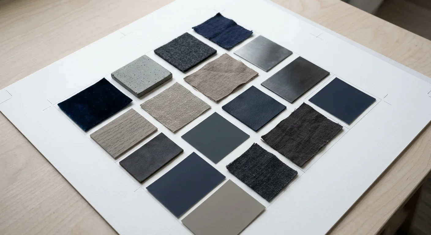 Farbkarten und Materialmuster in Blau und Anthrazit