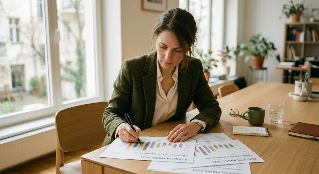 Anwältin plant Marketing-Budget am Konferenztisch