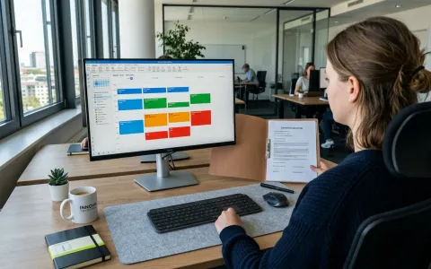 Digitale Kalenderansicht auf einem Monitor in einem Büro