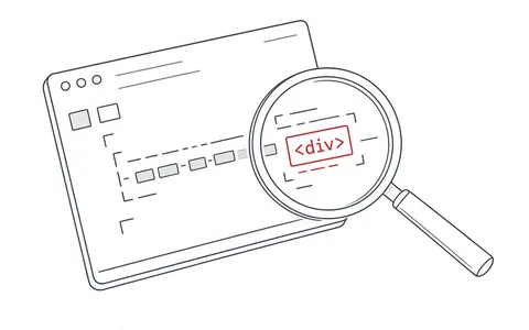 Lupe untersucht HTML-Quellcode auf einem Bildschirm
