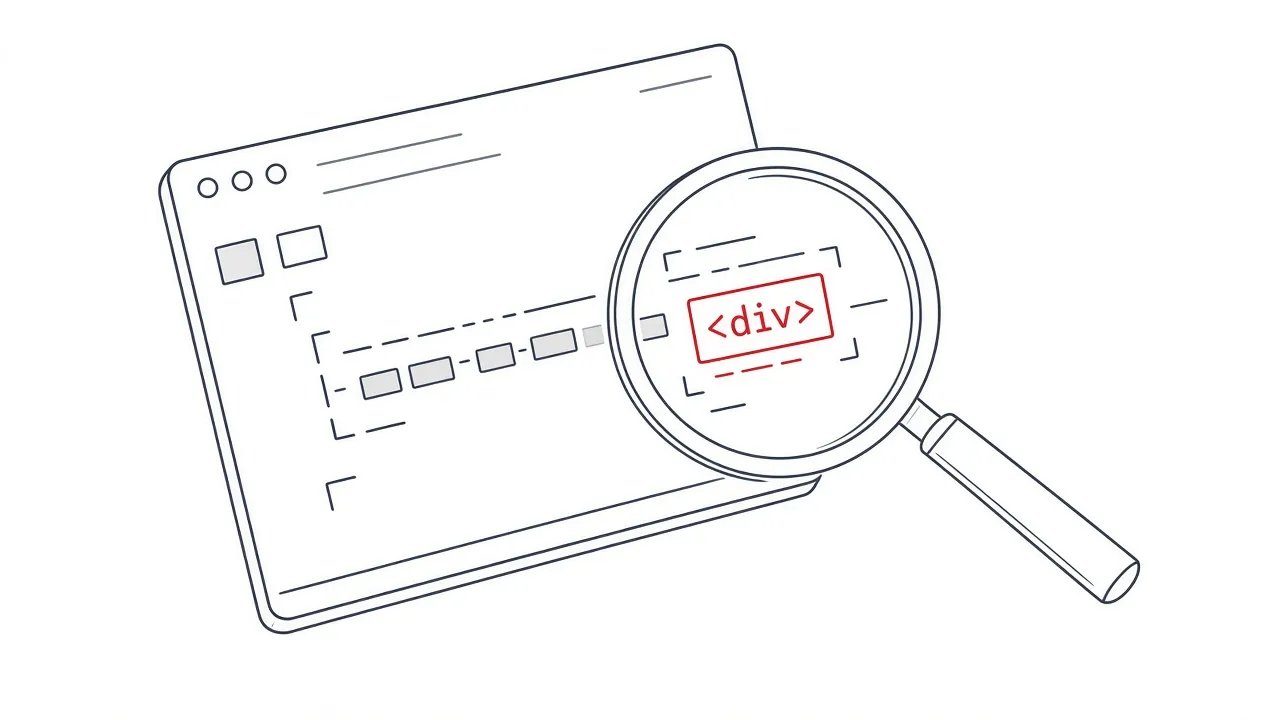Lupe untersucht HTML-Quellcode auf einem Bildschirm