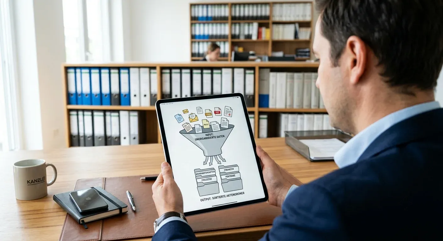 Kanzleimanager prüft gefilterte Anfragen auf einem Tablet