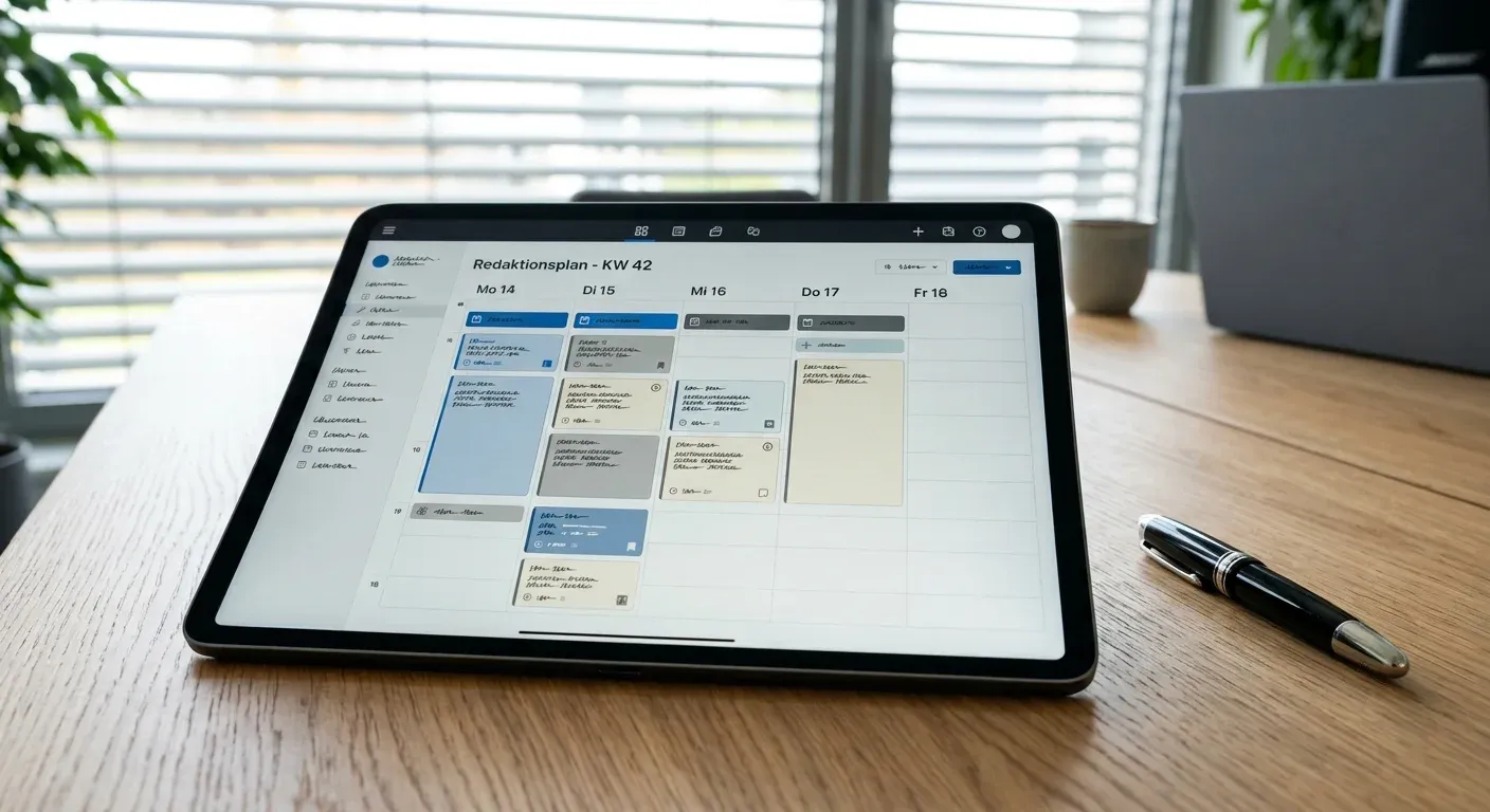Tablet mit Textentwürfen auf einem Konferenztisch