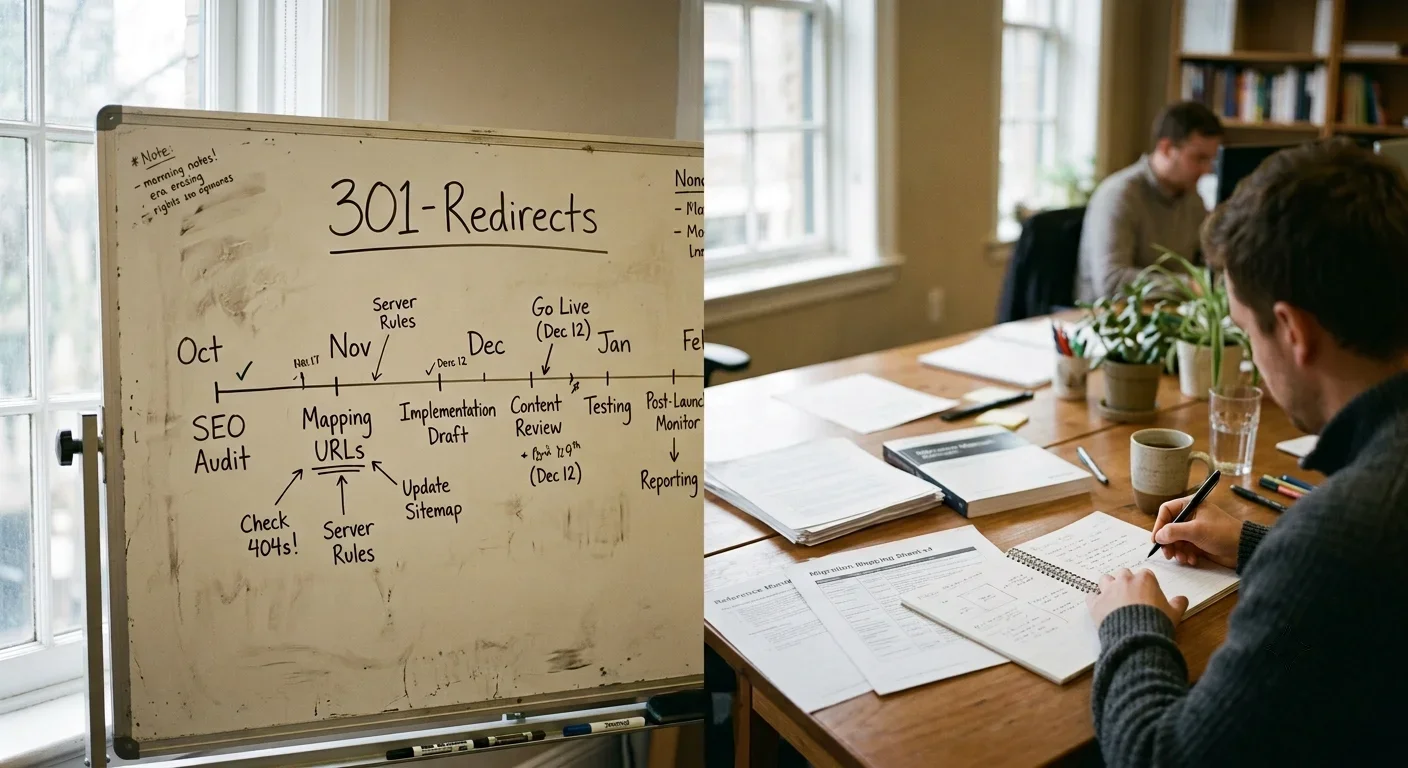 Whiteboard mit Projektplan und Notizen zu 301-Weiterleitungen