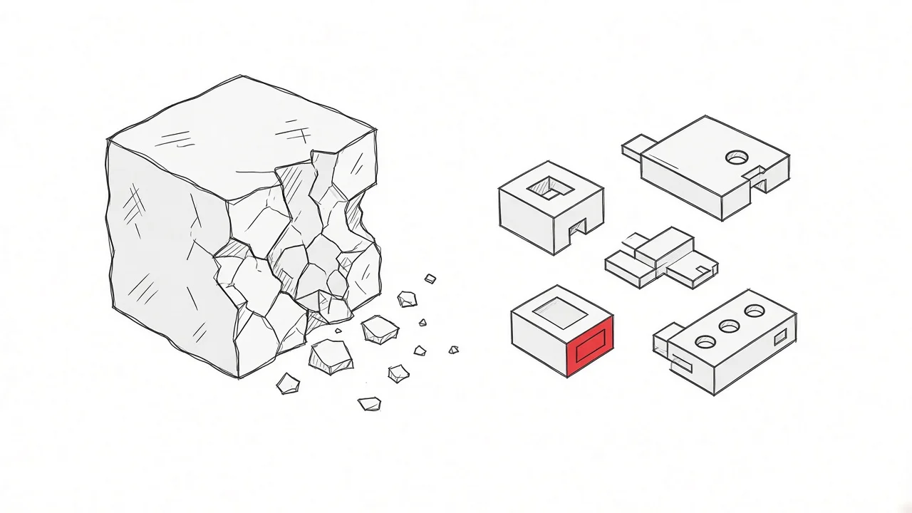 Illustration eines starren Blocks, der in flexible Module umgewandelt wird