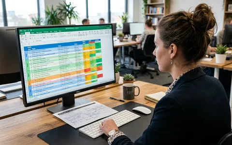 Person betrachtet Excel-Redaktionsplan auf Monitor in Kanzlei