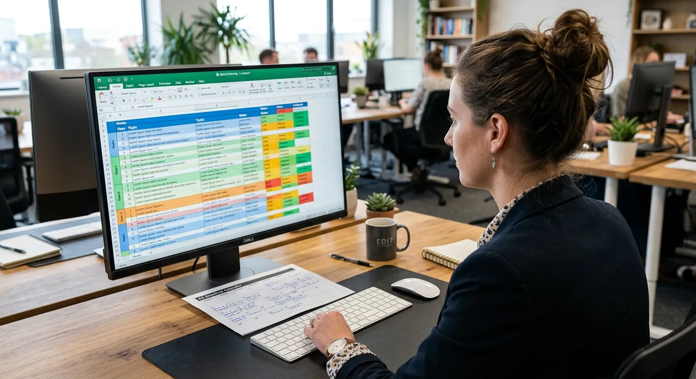 Person betrachtet Excel-Redaktionsplan auf Monitor in Kanzlei