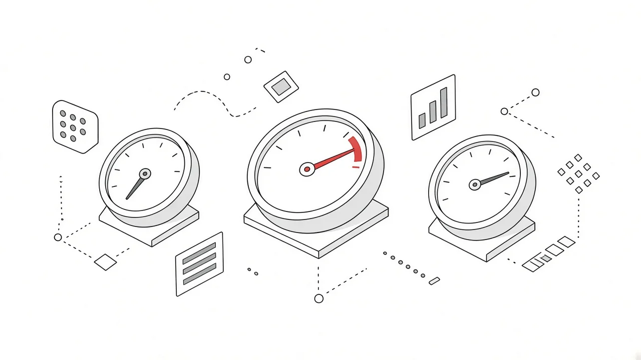 Drei Tachometer visualisieren Web-Metriken