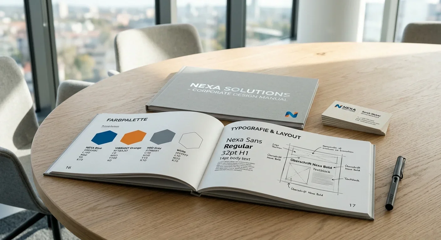Corporate Design Muster und Visitenkarten auf einem Tisch