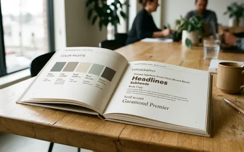 Aufgeschlagenes Corporate-Design-Manual einer Kanzlei auf einem Tisch