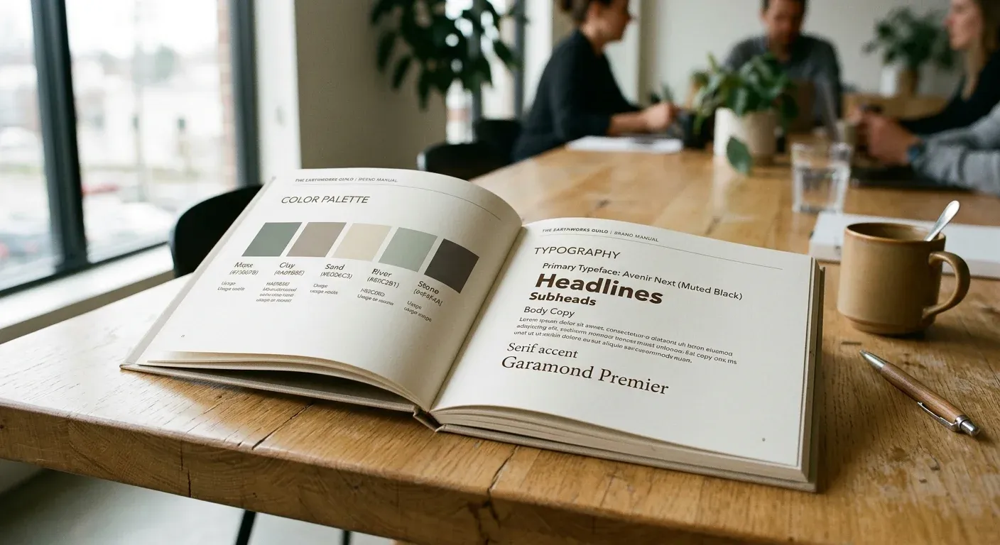 Aufgeschlagenes Corporate-Design-Manual einer Kanzlei auf einem Tisch