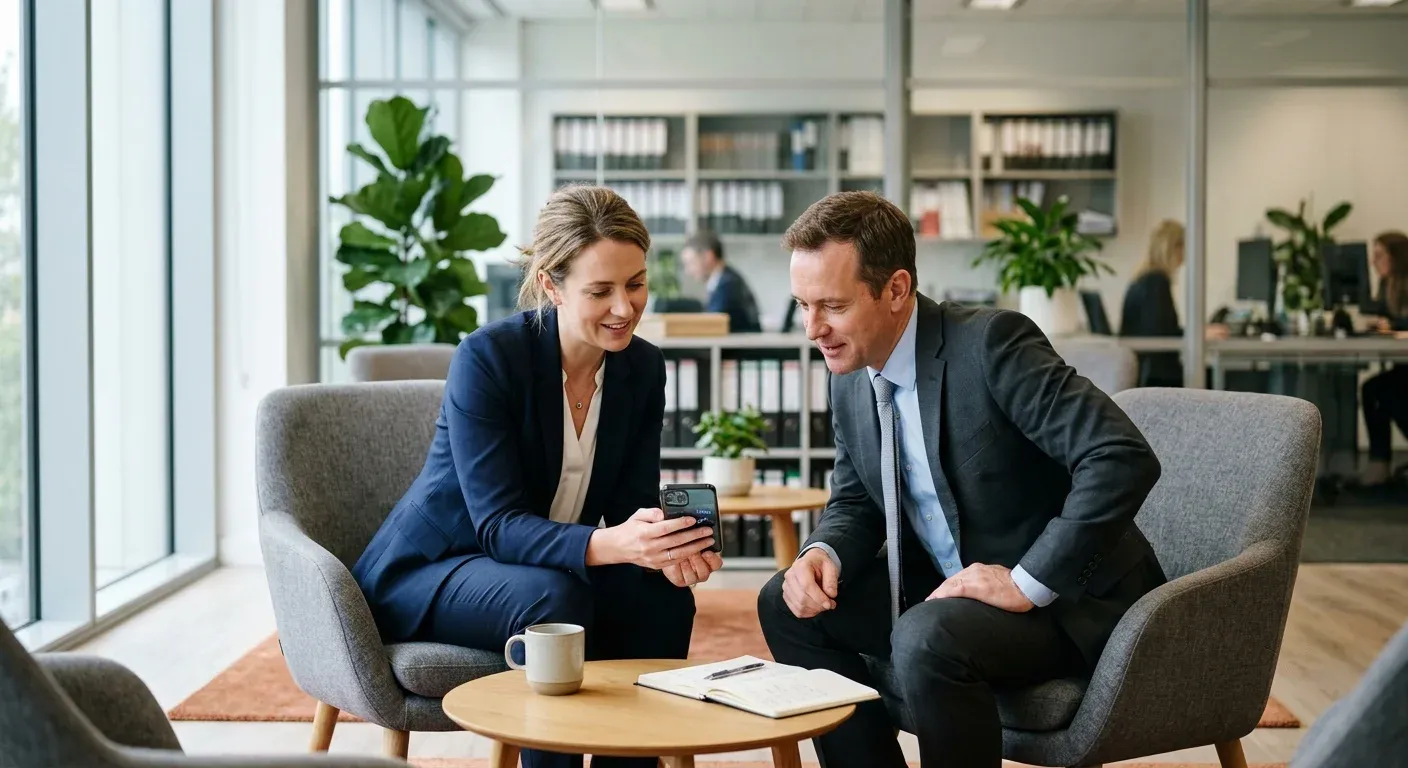 Mitarbeiter in einer Kanzlei besprechen einen Social Media Beitrag