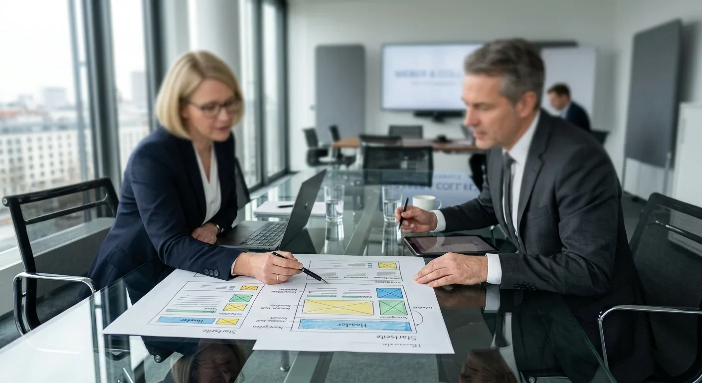 Website-Layouts und Wireframes auf einem Besprechungstisch