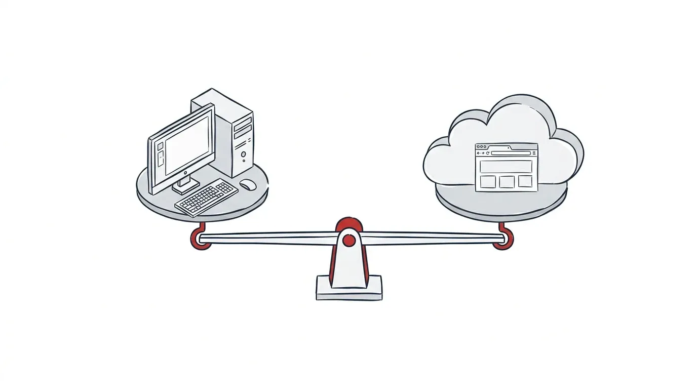 Abstrakte Waage vergleicht Desktop-Rechner und Cloud-Browser