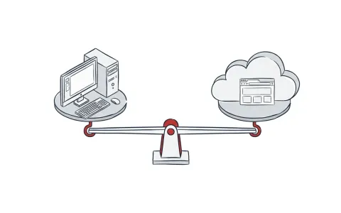 Abstrakte Waage vergleicht Desktop-Rechner und Cloud-Browser