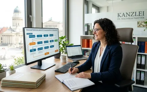 Kanzleimanagerin bei der Prozessoptimierung am Monitor