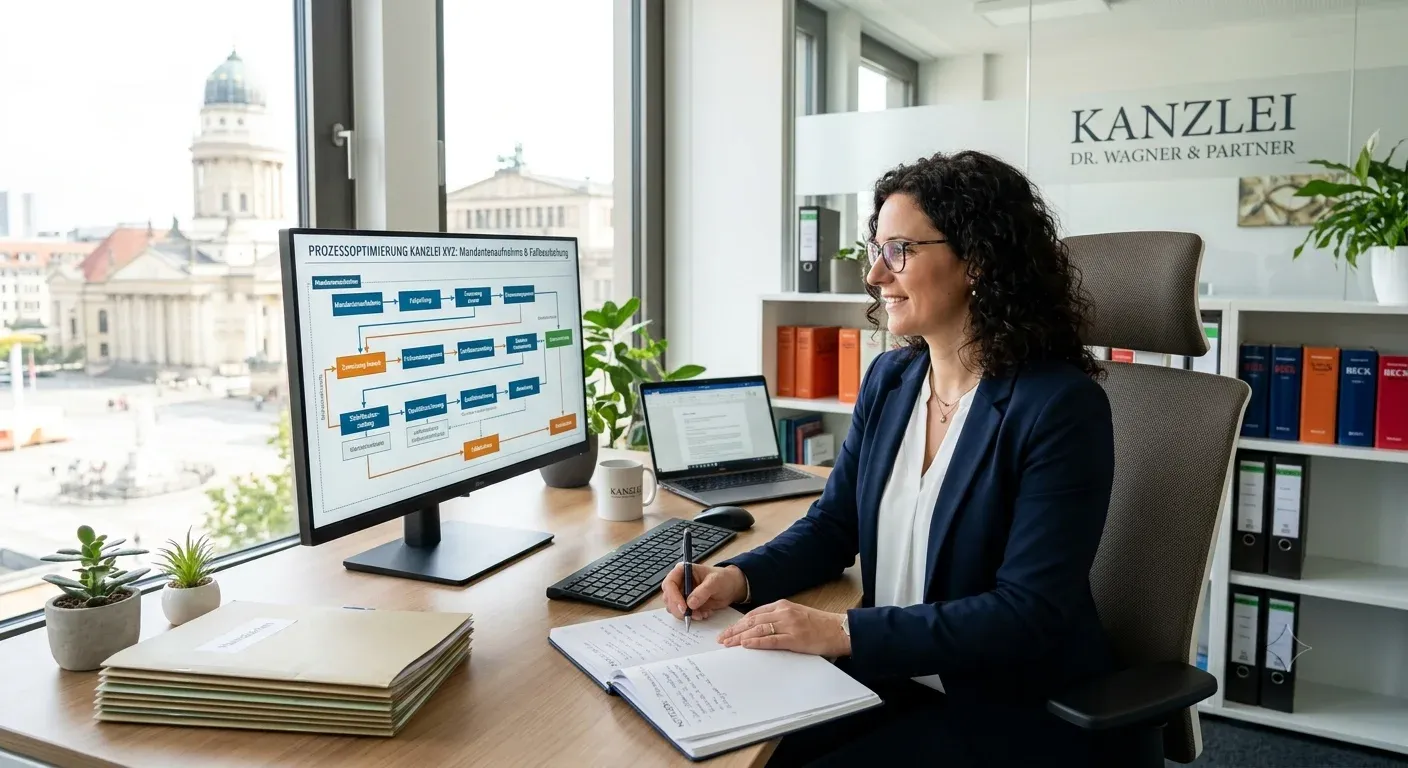 Kanzleimanagerin bei der Prozessoptimierung am Monitor
