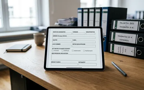 Tablet mit einem digitalen Eingabefeld auf einem Schreibtisch in der Kanzlei