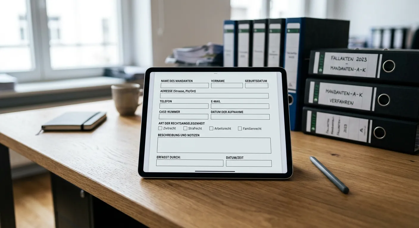 Tablet mit einem digitalen Eingabefeld auf einem Schreibtisch in der Kanzlei