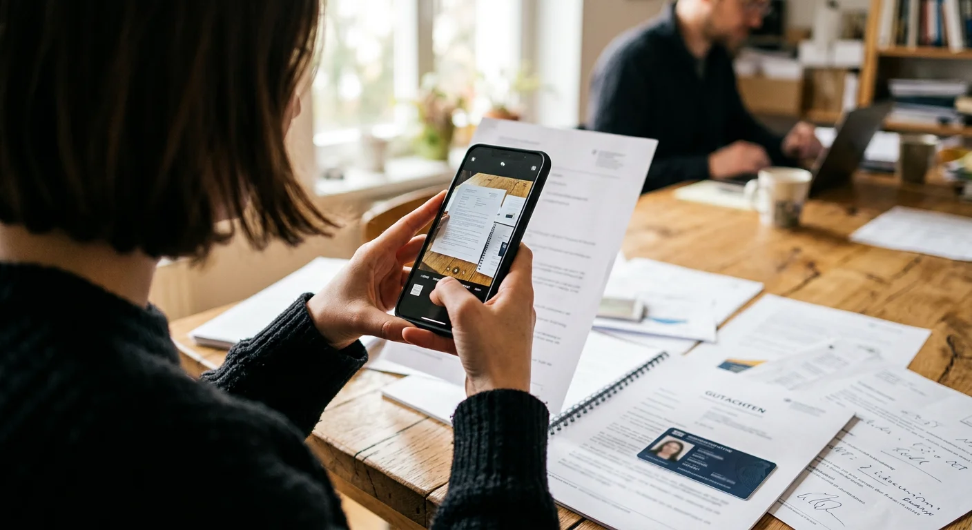 Ein Mandant fotografiert Unterlagen mit dem Smartphone ab