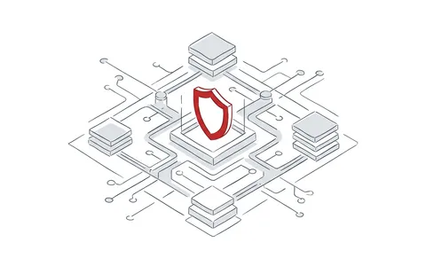 Architekturplan einer Software mit zentralem Sicherheitssymbol