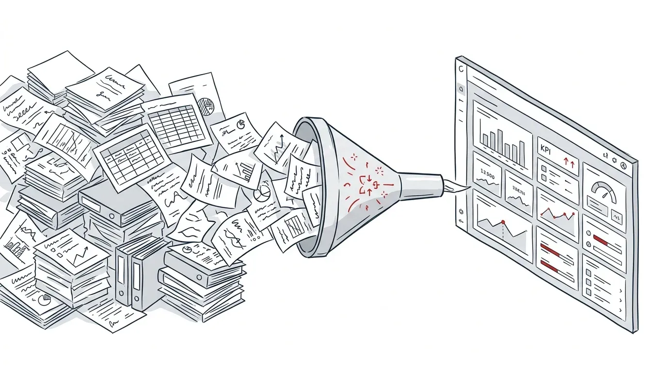 Illustration: Transformation von chaotischen Tabellen zu einer strukturierten Software