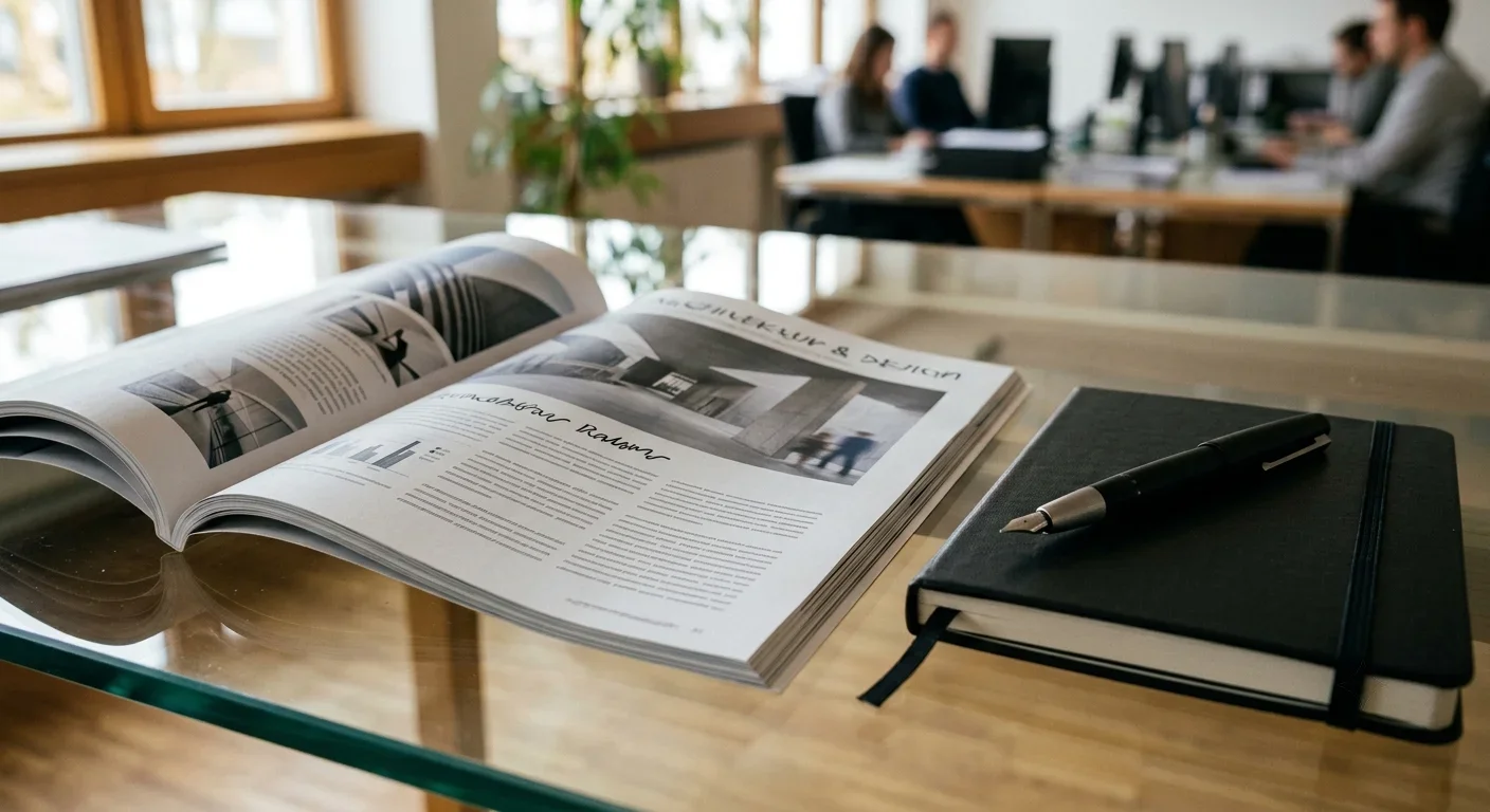 Aufgeschlagenes Fachmagazin und Notizbuch auf einem Bürotisch