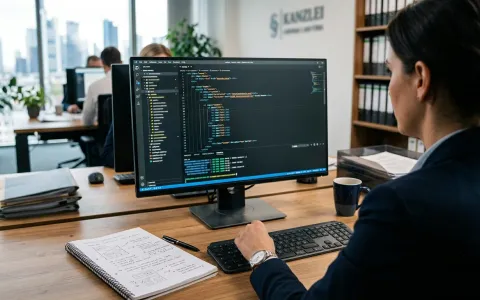 Technischer Website-Code auf einem Monitor in einer Kanzlei