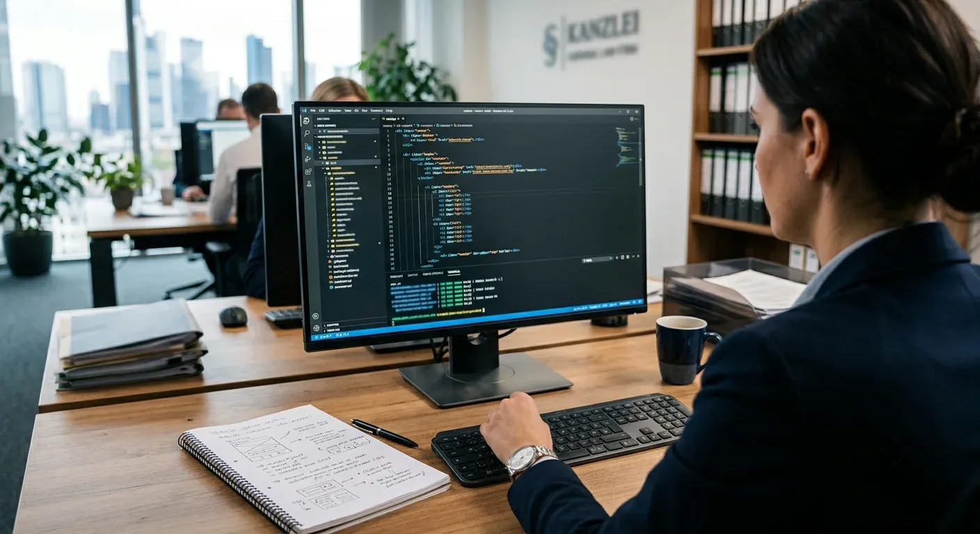 Technischer Website-Code auf einem Monitor in einer Kanzlei