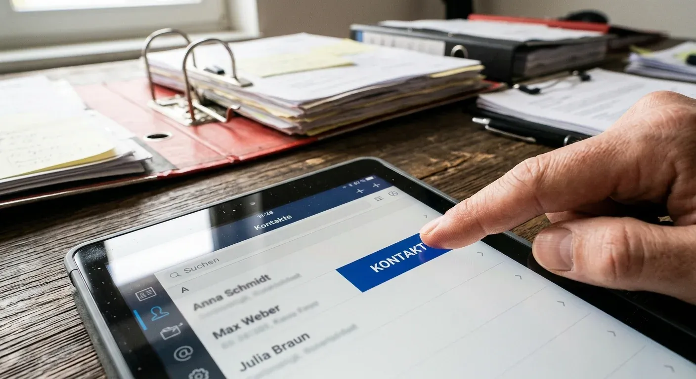 Kontaktbutton auf einem Tablet wird gedrückt