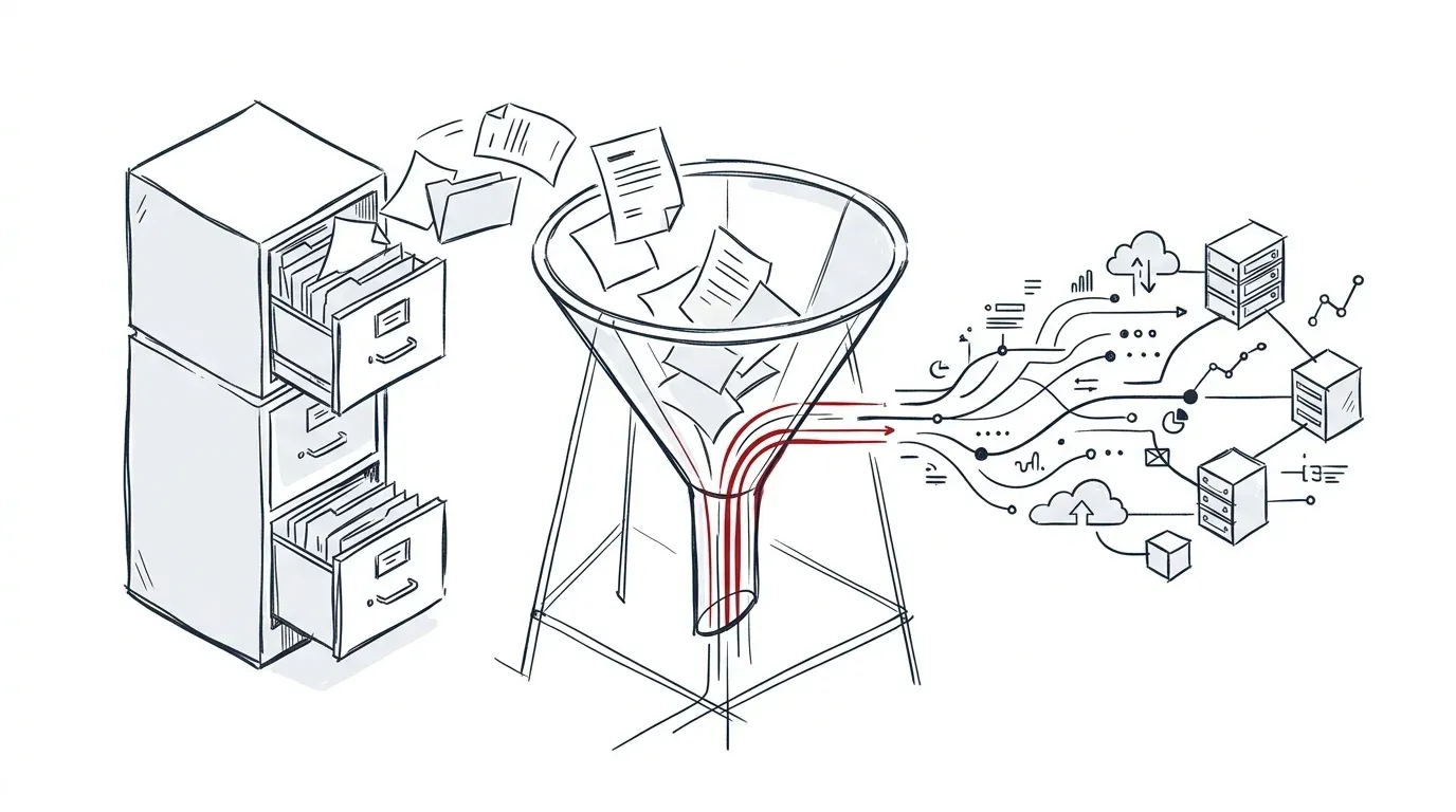 Illustration der Datenmigration von einem alten System in eine neue vernetzte Struktur
