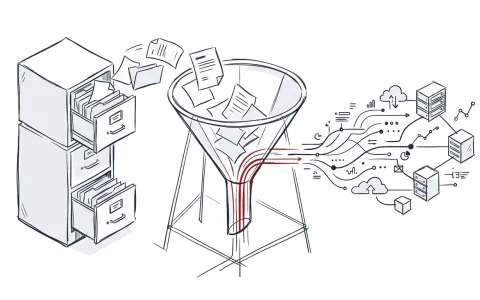 Illustration der Datenmigration von einem alten System in eine neue vernetzte Struktur