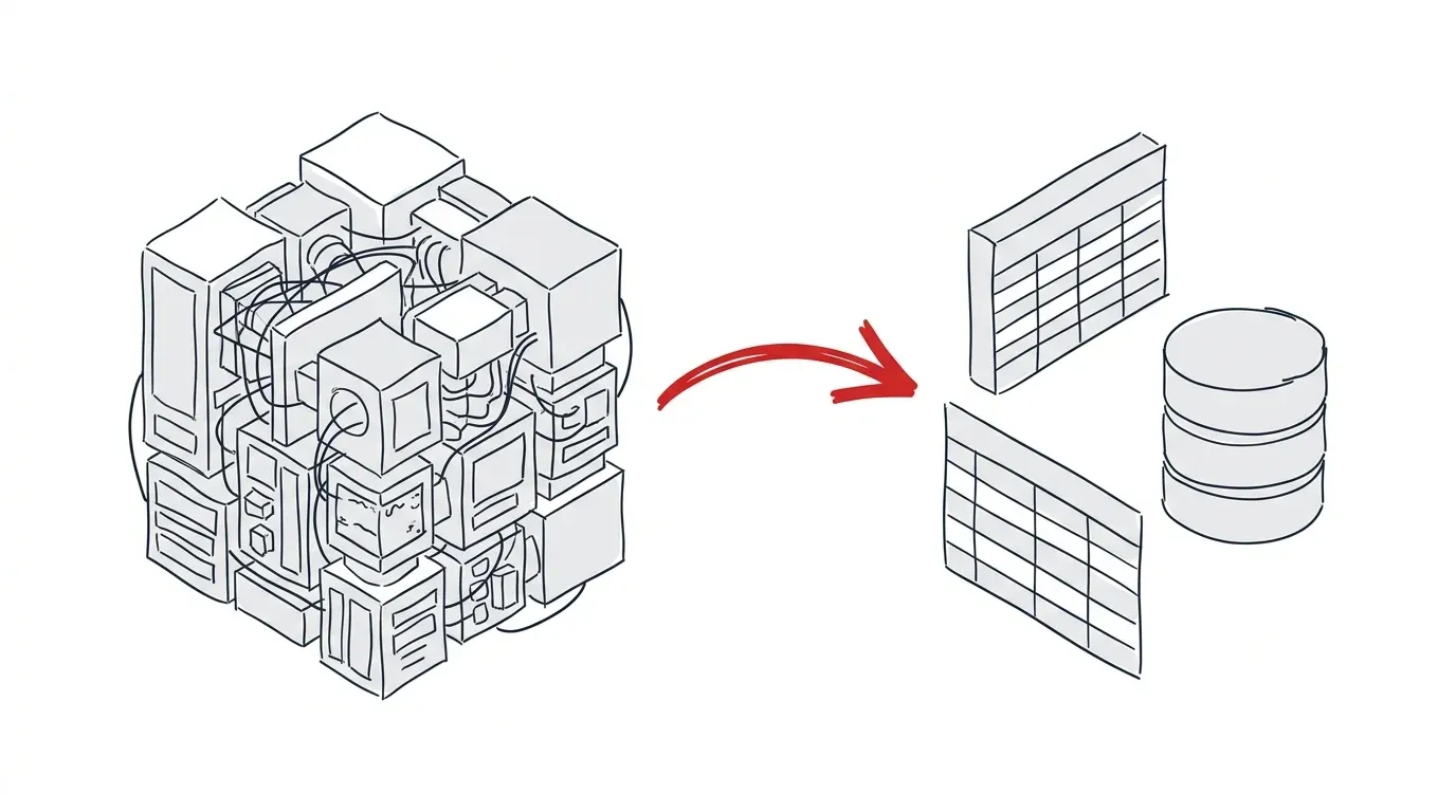 Illustration eines Datenflusses von einem kompakten System zu einer strukturierten Datenbank