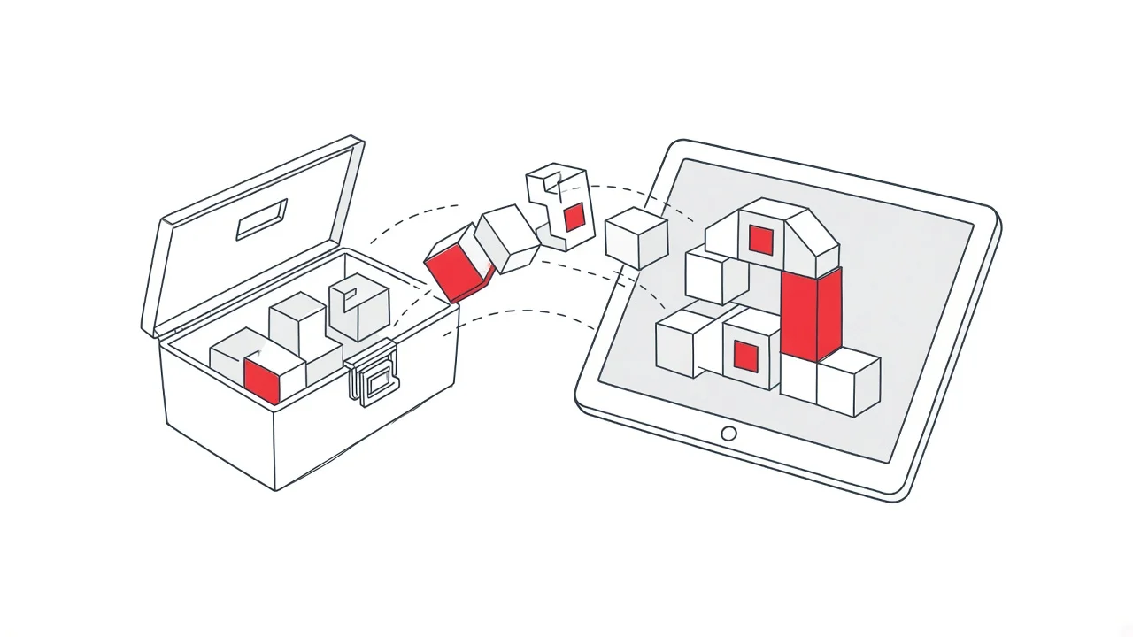 Illustration eines Werkzeugkastens und Tablets beim Aufbau eines digitalen Profils