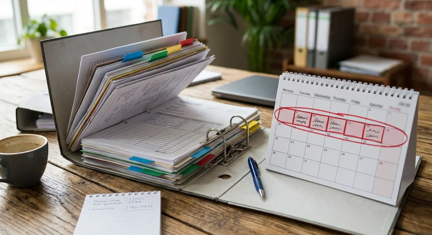 Aktenordner und Kalender auf einem Schreibtisch