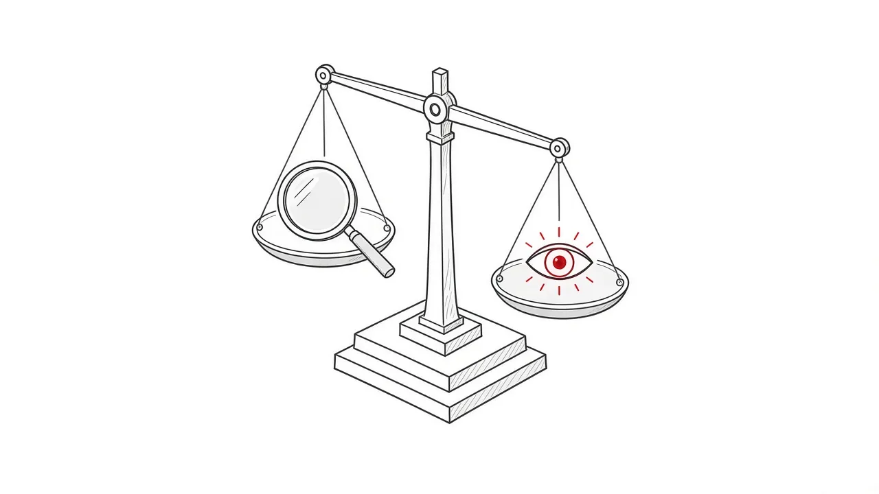 Waage mit Lupe und leuchtendem Auge symbolisiert das Gleichgewicht zweier Optimierungsstrategien