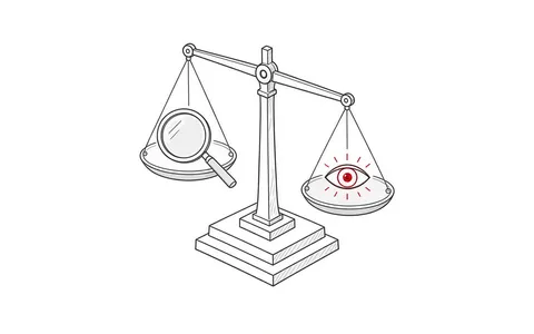 Waage mit Lupe und leuchtendem Auge symbolisiert das Gleichgewicht zweier Optimierungsstrategien