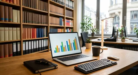 Laptop mit Analysedaten auf einem Kanzleischreibtisch
