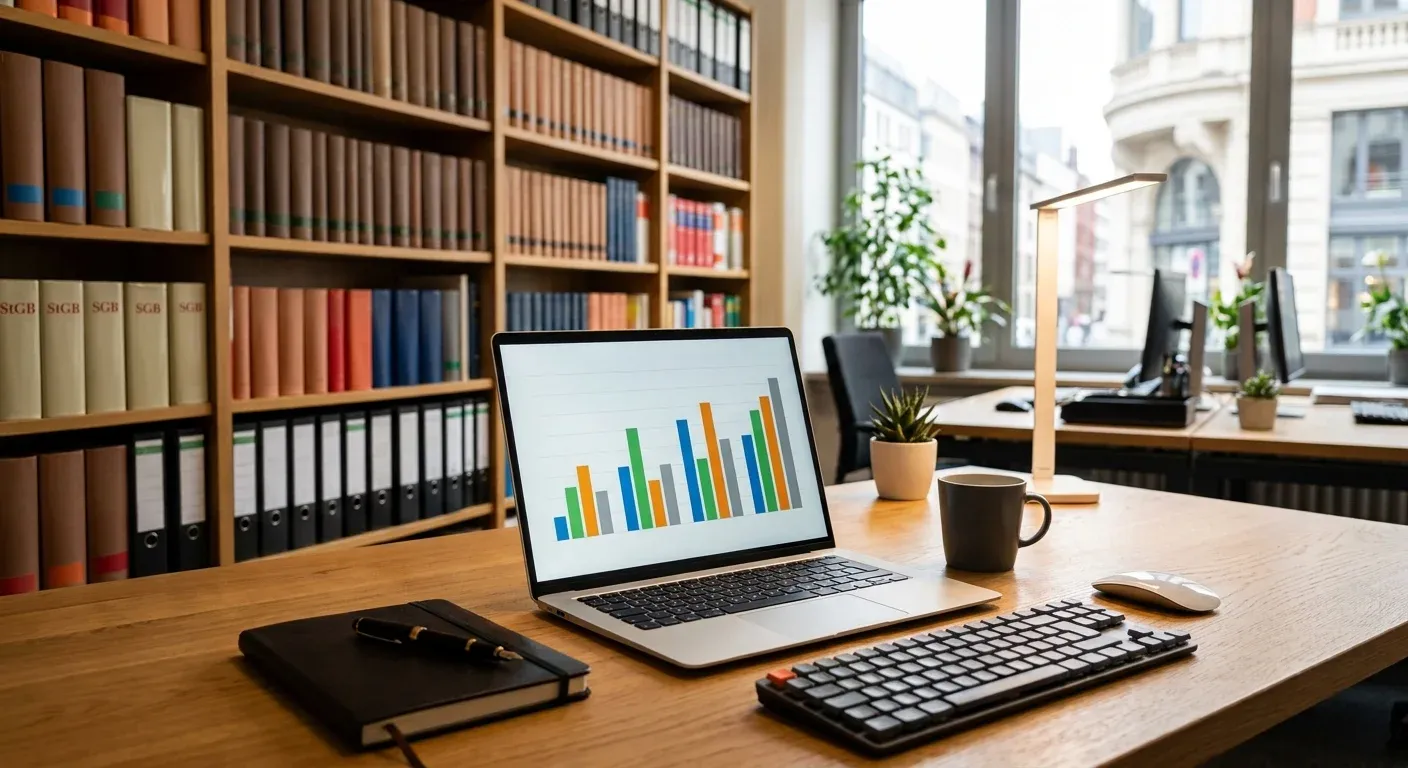 Laptop mit Analysedaten auf einem Kanzleischreibtisch